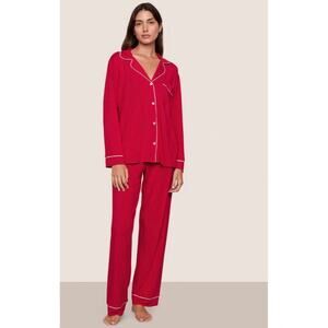 eberjey Gisele Long PJ Set Women Small Holly Red Ivory Pajamas Soft GUC *Hole